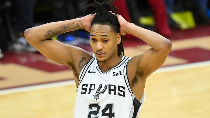 Jan 7, 2024; Cleveland, Ohio, USA; San Antonio Spurs guard Devin Vassell (24) reacts in the fourth quarter against the Cleveland Cavaliers at Rocket Mortgage FieldHouse. Mandatory Credit: David Richard-USA TODAY Sports Jan 7, 2024; Cleveland, Ohio, USA; San Antonio Spurs guard Devin Vassell (24) reacts in the fourth quarter against the Cleveland Cavaliers at Rocket Mortgage FieldHouse. Mandatory Credit: David Richard-USA TODAY Sports