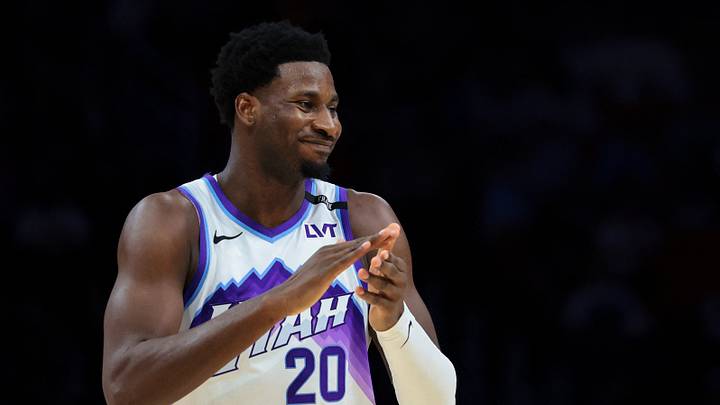 Feb 9, 2026; Miami, Florida, USA; Utah Jazz forward Jaren Jackson Jr. (20) reacts against the Miami Heat during the first quarter at Kaseya Center. Mandatory Credit: Sam Navarro-Imagn Images Feb 9, 2026; Miami, Florida, USA; Utah Jazz forward Jaren Jackson Jr. (20) reacts against the Miami Heat during the first quarter at Kaseya Center. Mandatory Credit: Sam Navarro-Imagn Images
