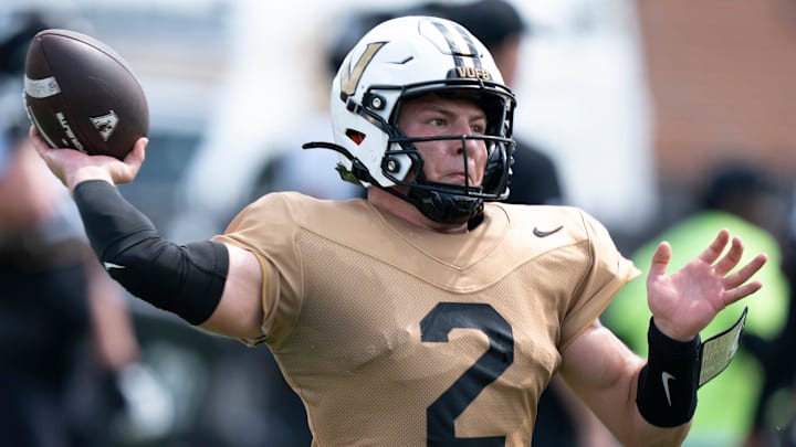 Vanderbilt quarterback Diego Pavia (2) throws during practice at Vanderbilt University in Nashville, Tenn., Thursday, Aug. 21, 2025. Vanderbilt quarterback Diego Pavia (2) throws during practice at Vanderbilt University in Nashville, Tenn., Thursday, Aug. 21, 2025.