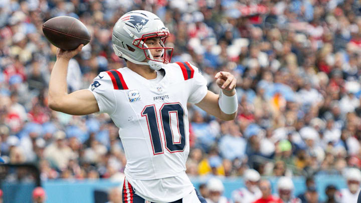 Oct 19, 2025; Nashville, Tennessee, USA;  New England Patriots quarterback Drake Maye (10) throws a pass against the Tennessee Titans during the first half at Nissan Stadium. Mandatory Credit: Steve Roberts-Imagn Images