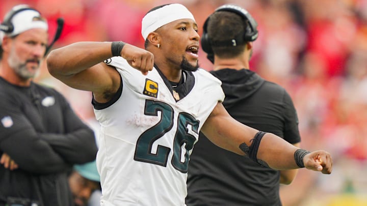 Philadelphia Eagles running back Saquon Barkley (26) reacts during the second half against the Kansas City Chiefs at GEHA Field at Arrowhead Stadium.