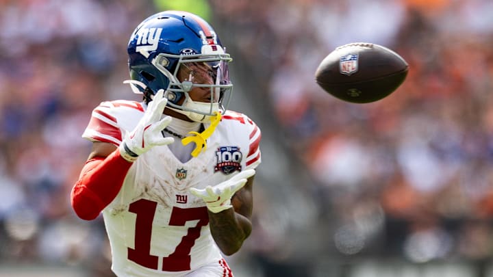 Sep 22, 2024; Cleveland, Ohio, USA; New York Giants wide receiver Wan'Dale Robinson (17) catches a pass during the third quarter against the Cleveland Browns at Huntington Bank Field. Mandatory Credit: Scott Galvin-Imagn Images