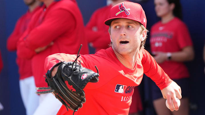 St. Louis Cardinals pitcher Quinn Mathews throws during at the team's spring training complex in Jupiter, Fla., on Feb. 12, 2025.
