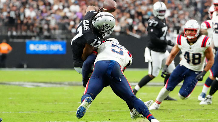 Oct 15, 2023; Paradise, Nevada, USA; New England Patriots safety Jabrill Peppers (5) tackles Las