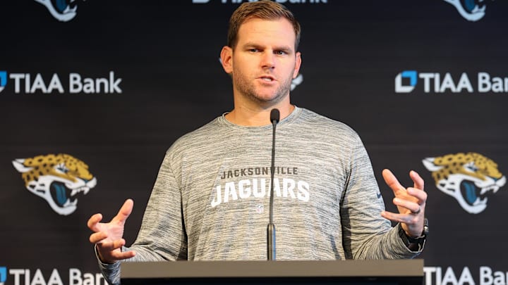 Jul 27, 2023; Jacksonville, FL, USA;  Jacksonville Jaguars offensive coordinator Press Taylor gives
