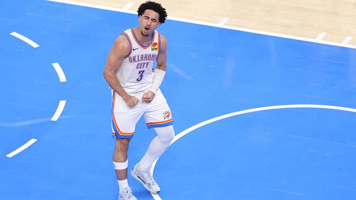 May 26, 2026; Oklahoma City, Oklahoma, USA; Oklahoma City Thunder guard Jared McCain (3) reacts after a basket during the fourth quarter against the San Antonio Spurs in game five of the western conference finals for the 2026 NBA playoffs at Paycom Center. Mandatory Credit: Brett Rojo-Imagn Images