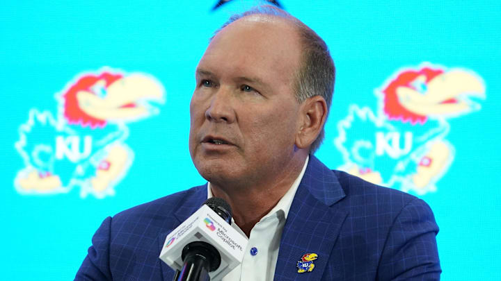 Jul 9, 2025; Frisco, TX, USA; Kansas head coach Lance Leipold speaks with the media during 2025 Big 12 Football Media Days at The Star. Mandatory Credit: Raymond Carlin III-Imagn Images