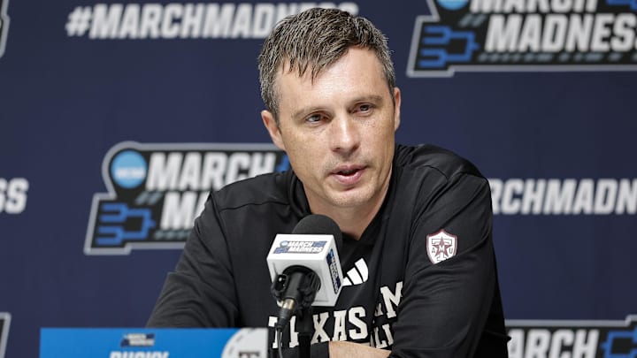 Texas A&M Aggies head coach Bucky McMillan speaks to the media during a press conference ahead of the first round of the men's 2026 NCAA Tournament at Paycom Center. Texas A&M Aggies head coach Bucky McMillan speaks to the media during a press conference ahead of the first round of the men's 2026 NCAA Tournament at Paycom Center.