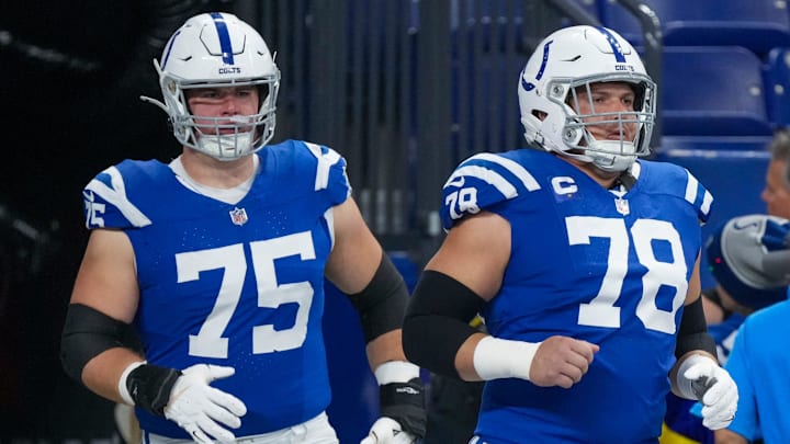 Indianapolis Colts guard Will Fries (75) and center Ryan Kelly (78) enter the field before the game against New Orleans, Sunday., Oct 29, 2023, at Lucas Oil Stadium in Indianapolis.