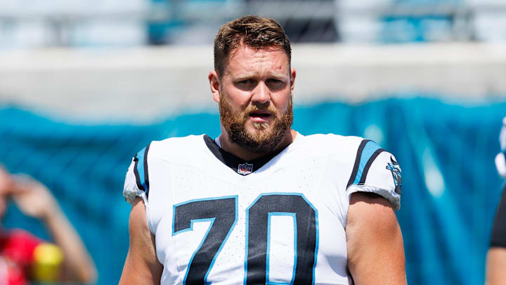 Sep 7, 2025; Jacksonville, Florida, USA; Carolina Panthers offensive lineman Brady Christensen (70) against the Jacksonville Jaguars at EverBank Stadium. Mandatory Credit: Morgan Tencza-Imagn Images Sep 7, 2025; Jacksonville, Florida, USA; Carolina Panthers offensive lineman Brady Christensen (70) against the Jacksonville Jaguars at EverBank Stadium. Mandatory Credit: Morgan Tencza-Imagn Images