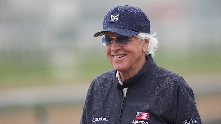 Trainer Bob Baffert enjoyed being on the backside Friday morning during training at Churchill Downs in Louisville, Kentucky. Baffert returned to Churchill Downs for the Kentucky Derby after a three-year suspension. Baffert has two horses, Citizen Bull and Rodriguez, in the 2025 Kentucky Derby. April 25, 2025.
