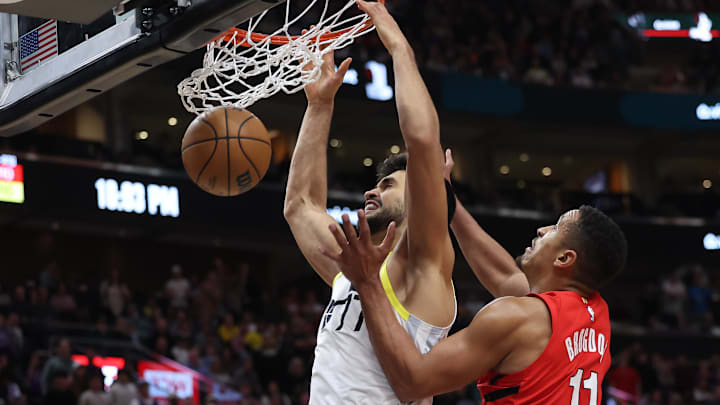 Dec 2, 2023; Salt Lake City, Utah, USA; Utah Jazz center Omer Yurtseven (77) dunks the ball against