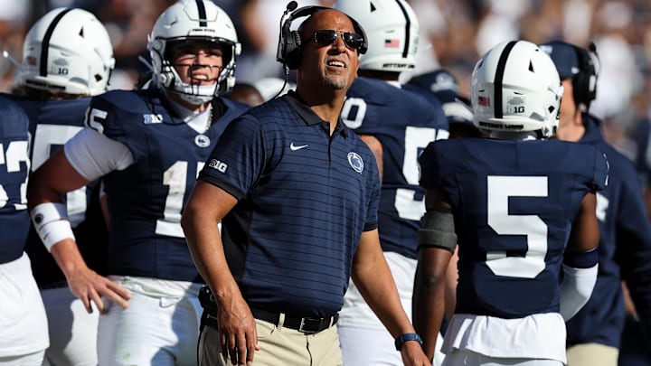 Aug 30, 2025; University Park, Pennsylvania, USA; Penn State Nittany Lions head coach James Franklin looks on from the sideline during the second quarter against the Nevada Wolf Pack at Beaver Stadium. Mandatory Credit: Matthew O'Haren-Imagn Images Aug 30, 2025; University Park, Pennsylvania, USA; Penn State Nittany Lions head coach James Franklin looks on from the sideline during the second quarter against the Nevada Wolf Pack at Beaver Stadium. Mandatory Credit: Matthew O'Haren-Imagn Images