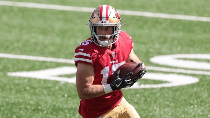 Sep 20, 2020; East Rutherford, New Jersey, USA; San Francisco 49ers wide receiver Trent Taylor (15) gains yards after catch against the New York Jets during the first half at MetLife Stadium. Mandatory Credit: Vincent Carchietta-USA TODAY Sports