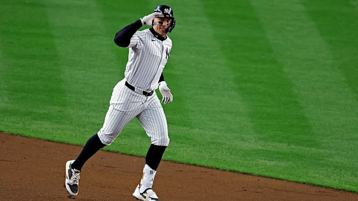 Oct 15, 2024; Bronx, New York, USA; New York Yankees outfielder Aaron Judge (99) runs the base after hitting a two run home run during the seventh inning against the Cleveland Guardians in game two of the ALCS for the 2024 MLB Playoffs at Yankee Stadium. Mandatory Credit: Brad Penner-Imagn Images Oct 15, 2024; Bronx, New York, USA; New York Yankees outfielder Aaron Judge (99) runs the base after hitting a two run home run during the seventh inning against the Cleveland Guardians in game two of the ALCS for the 2024 MLB Playoffs at Yankee Stadium. Mandatory Credit: Brad Penner-Imagn Images