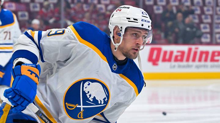 May 10, 2026; Montreal, Quebec, CAN; Buffalo Sabres forward Beck Malenstyn (29) skates during the warmup before game three against the Montreal Canadiens in the second round of the 2026 Stanley Cup Playoffs at the Bell Centre. Mandatory Credit: Eric Bolte-Imagn Images