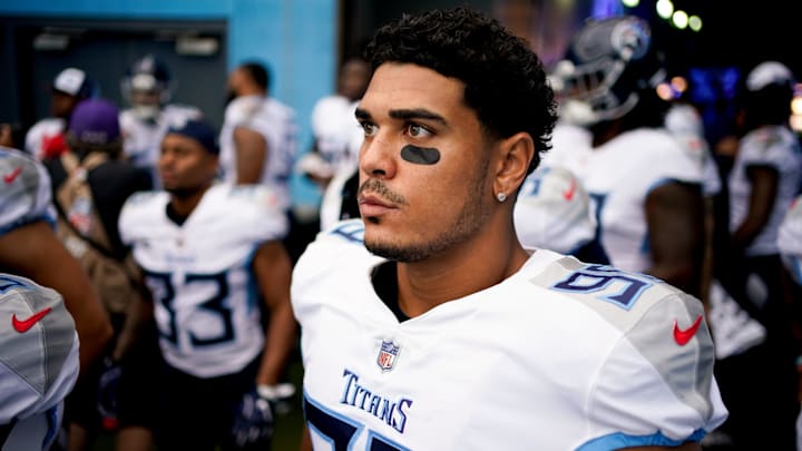 Tennessee Titans linebacker Rashad Weaver (99) gets ready to take the field to face the Los Angeles Chargers at Nissan Stadium in Nashville, Tenn., Sunday, Sept. 17, 2023.
