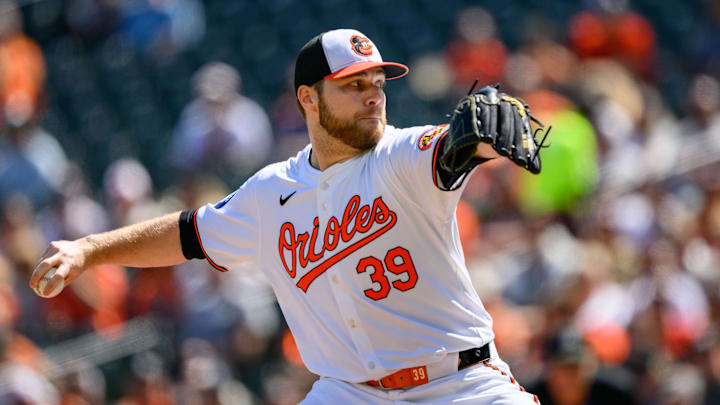 Sep 8, 2024; Baltimore, Maryland, USA; Baltimore Orioles pitcher Corbin Burnes (39) throws a pitch during the first inning against the Tampa Bay Rays at Oriole Park at Camden Yards. Mandatory Credit: Reggie Hildred-Imagn Images