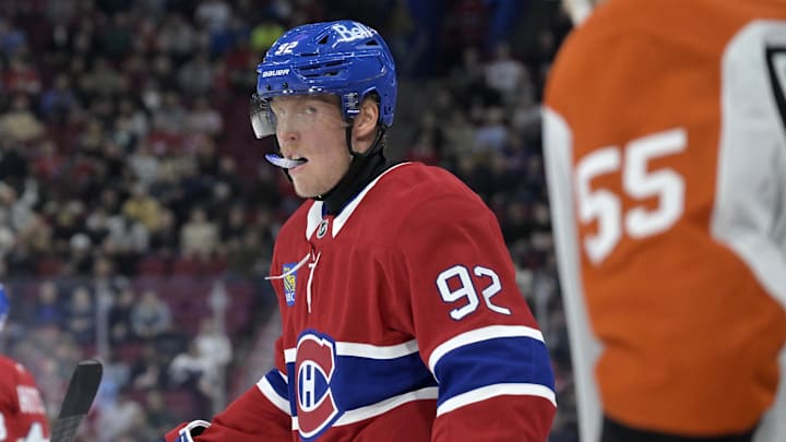 Sep 23, 2024; Montreal, Quebec, CAN; Montreal Canadiens forward Patrik Laine (92) prepares for a face off against the Philadelphia Flyers during the second period at the Bell Centre. Mandatory Credit: Eric Bolte-Imagn Images