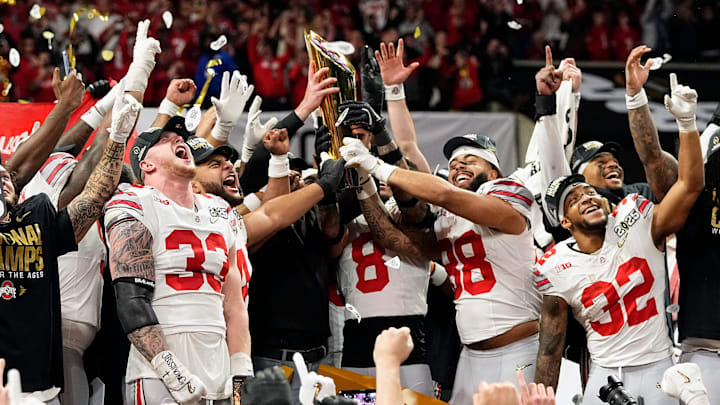 Ohio State Buckeyes celebrate their 34-23 win over Notre Dame Fighting Irish to win the College Football Playoff National Championship at Mercedes-Benz Stadium in Atlanta on January 20, 2025.