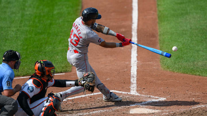 Aug 18, 2024; Baltimore, Maryland, USA; Boston Red Sox shortstop Ceddanne Rafaela (43) hits a single during the eighth inning against the Baltimore Orioles at Oriole Park at Camden Yards.