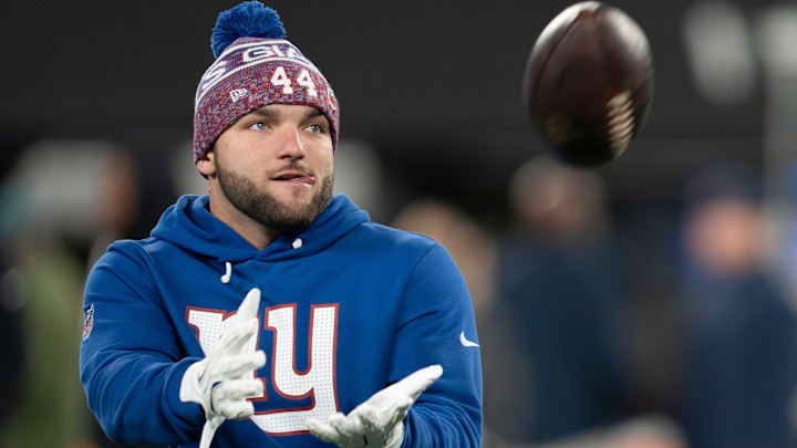 New York Giants running back Cam Skattebo (44) warms up before a Thursday Night Football game between the New York Giants and the Philadelphia Eagles at MetLife Stadium. New York Giants running back Cam Skattebo (44) warms up before a Thursday Night Football game between the New York Giants and the Philadelphia Eagles at MetLife Stadium.