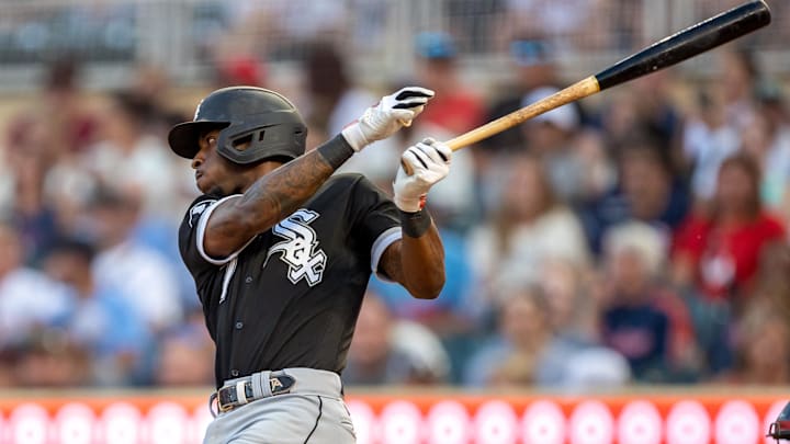 Jul 21, 2023; Minneapolis, Minnesota, USA; Chicago White Sox shortstop Tim Anderson (7) hits a RBI