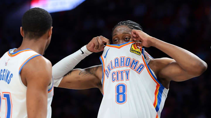 Jan 17, 2026; Miami, Florida, USA; Oklahoma City Thunder guard Jalen Williams (8) reacts against the Miami Heat during the second quarter at Kaseya Center. Mandatory Credit: Sam Navarro-Imagn Images