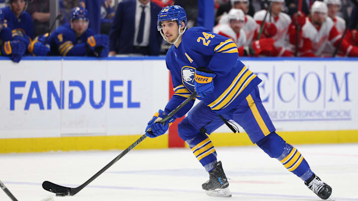 Dec 9, 2024; Buffalo, New York, USA;  Buffalo Sabres center Dylan Cozens (24) looks to make a pass during the second period against the Detroit Red Wings at KeyBank Center. Mandatory Credit: Timothy T. Ludwig-Imagn Images
