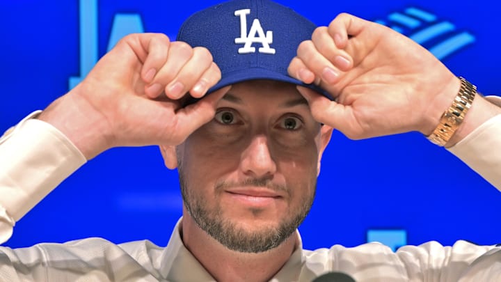 Jan 21, 2026; Los Angeles, CA, USA;  Los Angeles Dodgers right fielder Kyle Tucker (23) is introduced to the media during a press conference at Dodger Stadium. Mandatory Credit: Jayne Kamin-Oncea-Imagn Images