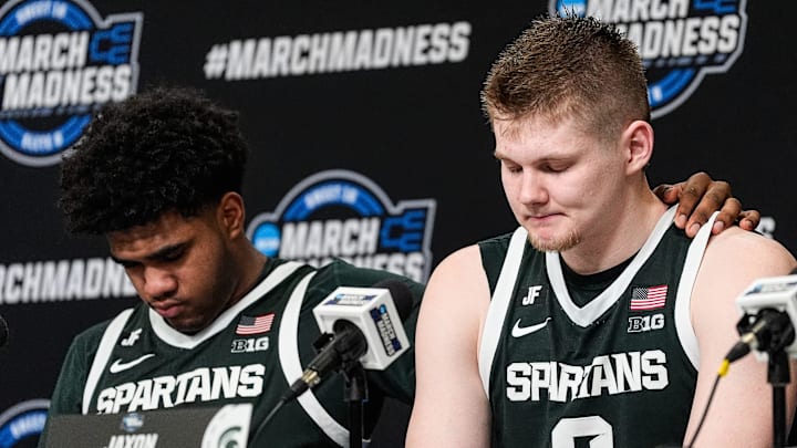 Michigan State guard Jase Richardson (11), left, and forward Jaxon Kohler (0) answer questions at post game press conference after 70-64 loss to Auburn at the Elite Eight round of NCAA tournament at State Farm Arena in Atlanta, Ga. on Sunday, March 30, 2025.