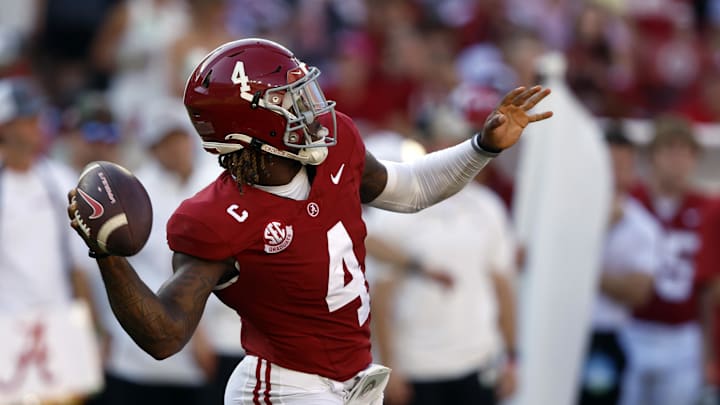 Oct 26, 2024; Tuscaloosa, Alabama, USA; Alabama Crimson Tide quarterback Jalen Milroe (4) throws a pass against the Missouri Tigers during the first half at Bryant-Denny Stadium. Mandatory Credit: Butch Dill-Imagn Images Oct 26, 2024; Tuscaloosa, Alabama, USA; Alabama Crimson Tide quarterback Jalen Milroe (4) throws a pass against the Missouri Tigers during the first half at Bryant-Denny Stadium. Mandatory Credit: Butch Dill-Imagn Images
