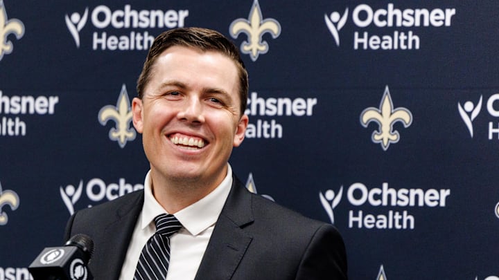 Feb 13, 2025; New Orleans, LA, USA;  New Orleans Saints introduce Kellen Moore as the head coach and he addresses the media at Ochsner Sports Performance Center. Mandatory Credit: Stephen Lew-Imagn Images