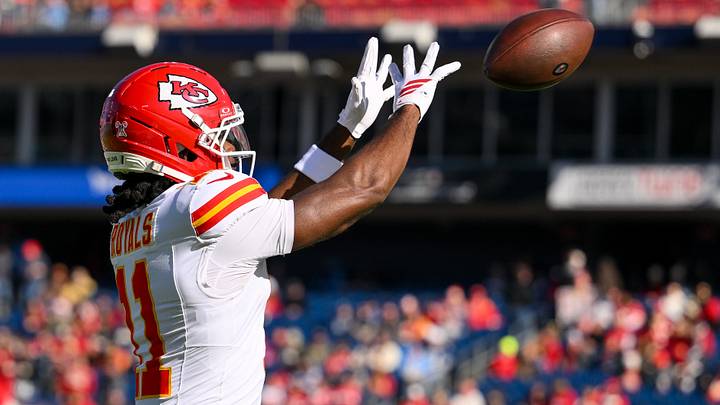 Dec 21, 2025; Nashville, Tennessee, USA; Kansas City Chiefs wide receiver Jalen Royals (11) makes a catch against the Tennessee Titans during pre-game warmups at Nissan Stadium. Mandatory Credit: Steve Roberts-Imagn Images Dec 21, 2025; Nashville, Tennessee, USA; Kansas City Chiefs wide receiver Jalen Royals (11) makes a catch against the Tennessee Titans during pre-game warmups at Nissan Stadium. Mandatory Credit: Steve Roberts-Imagn Images