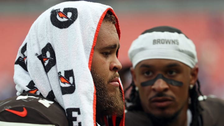 Cleveland Browns offensive tackle Jedrick Wills Jr. walks off the field after losing an NFL football game at Huntington Bank Field, Sunday, Sept. 22, 2024, in Cleveland, Ohio.