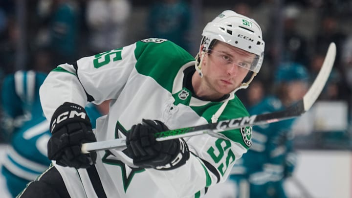 Feb 8, 2025; San Jose, California, USA; Dallas Stars defenseman Thomas Harley (55) warms up before the game against the San Jose Sharks at SAP Center at San Jose. Mandatory Credit: Robert Edwards-Imagn Images