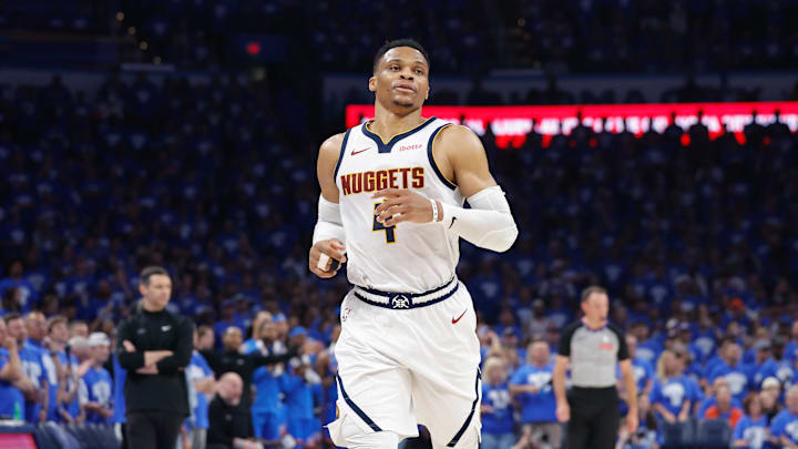 May 18, 2025; Oklahoma City, Oklahoma, USA; Denver Nuggets guard Russell Westbrook (4) runs down the court against the Oklahoma City Thunder in the second quarter during game seven of the second round for the 2025 NBA Playoffs at Paycom Center. Mandatory Credit: Alonzo Adams-Imagn Images