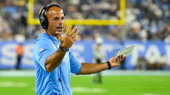 Aug 23, 2026; Nashville, Tennessee, USA;  Tennessee Titans head coach Robert Saleh reacts against the Seattle Seahawks during the second half at Nissan Stadium. Mandatory Credit: Steve Roberts-Imagn Images
