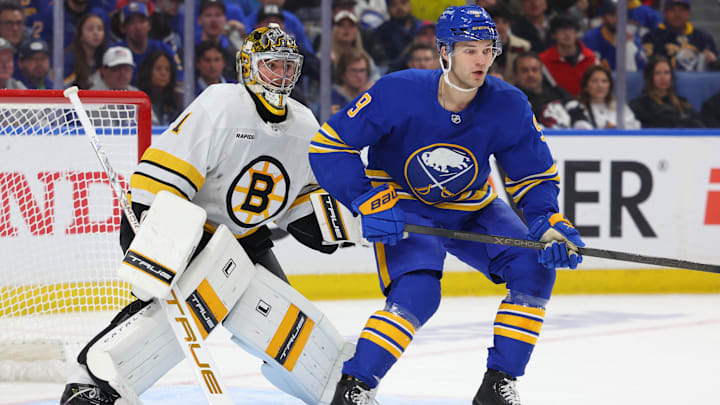 Boston Bruins goalie Jeremy Swayman and Buffalo Sabres center Josh Norris
