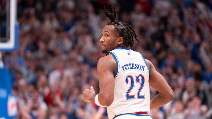 Kansas Jayhawks guard Darryn Peterson (22) looks back after scoring against Baylor Bears during the game inside Allen Fieldhouse on Jan. 16, 2026.