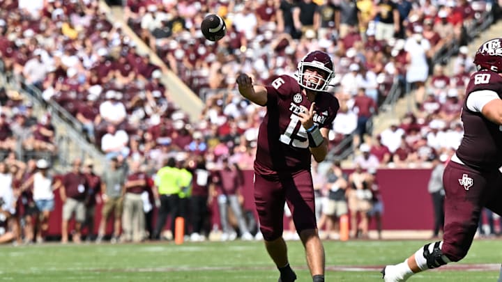 Oct 5, 2024; College Station, Texas, USA; Texas A&M Aggies quarterback Conner Weigman (15) passes the ball in the first half against the Missouri Tigers at Kyle Field. Mandatory Credit: Maria Lysaker-Imagn Images. Oct 5, 2024; College Station, Texas, USA; Texas A&M Aggies quarterback Conner Weigman (15) passes the ball in the first half against the Missouri Tigers at Kyle Field. Mandatory Credit: Maria Lysaker-Imagn Images.