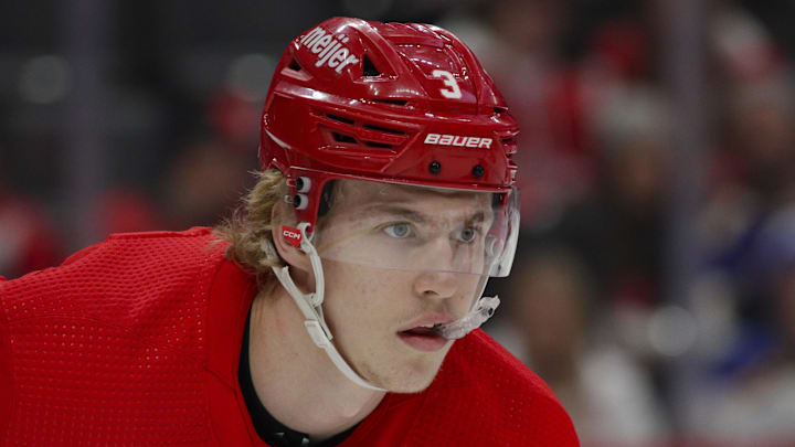 Mar 23, 2023; Detroit, Michigan, USA; Detroit Red Wings defenseman Simon Edvinsson (3) looks on