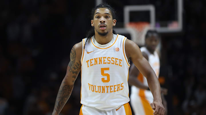 Jan 21, 2025; Knoxville, Tennessee, USA; Tennessee Volunteers guard Zakai Zeigler (5) during the first half against the Mississippi State Bulldogs at Thompson-Boling Arena at Food City Center. Mandatory Credit: Randy Sartin-Imagn Images