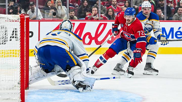 Buffalo Sabres goalie Ukko-Pekka Luukkonen and Montreal Canadiens defenseman Arber Xhekaj Buffalo Sabres goalie Ukko-Pekka Luukkonen and Montreal Canadiens defenseman Arber Xhekaj