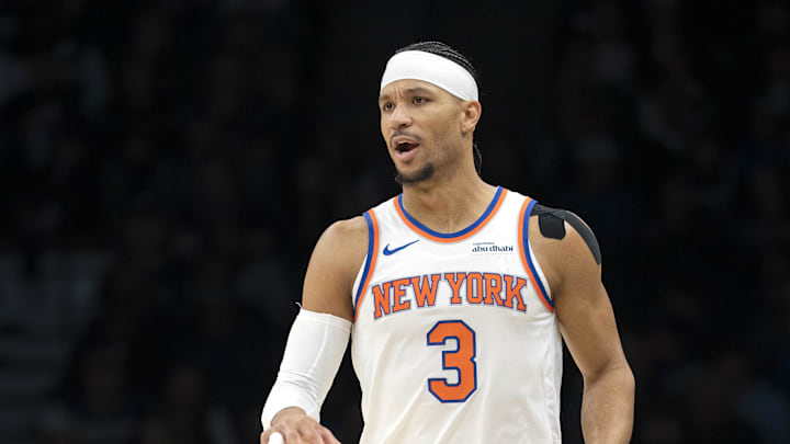 Dec 23, 2025; Minneapolis, Minnesota, USA; New York Knicks guard Josh Hart (3) dribbles the ball against the Minnesota Timberwolves in the first half at Target Center. Mandatory Credit: Jesse Johnson-Imagn Images