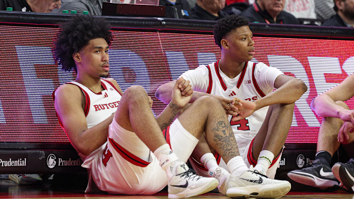 Mar 9, 2025; Piscataway, New Jersey, USA; Rutgers Scarlet Knights guard Dylan Harper (2) and Rutgers Scarlet Knights guard Ace Bailey (4) looks on during the second half against the Minnesota Golden Gophers at Jersey Mike's Arena. Mandatory Credit: Vincent Carchietta-Imagn Images