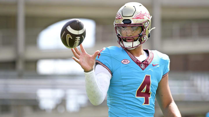 Apr 20, 2024; Tallahassee, Florida, USA; Florida State Seminoles quarterback DJ Uiagalelei (4) during the Spring Showcase at Doak S. Campbell Stadium. Mandatory Credit: Melina Myers-USA TODAY Sports