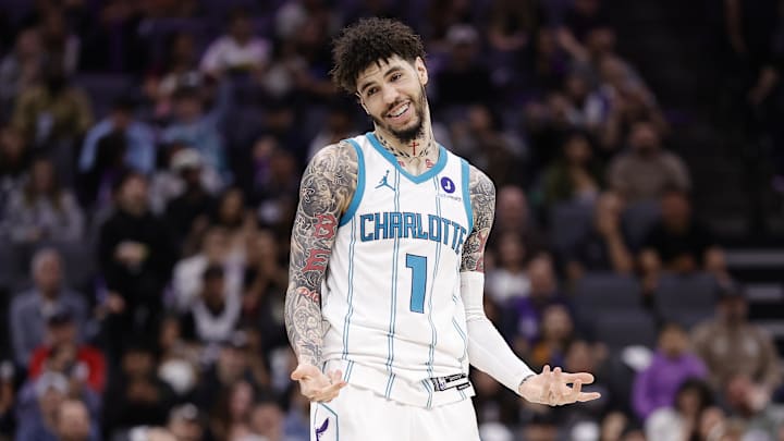 Mar 11, 2026; Sacramento, California, USA; Charlotte Hornets guard LaMelo Ball (1) smiles and gestures after scoring a three point basket against the Sacramento King during the fourth quarter at Golden 1 Center. Mandatory Credit: Kelley L Cox-Imagn Images