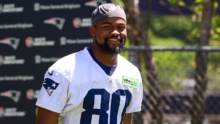Jun 10, 2024; Foxborough, MA, USA; New England Patriots wide receiver Kayshon Boutte (80) walks to the practice fields for minicamp at Gillette Stadium.