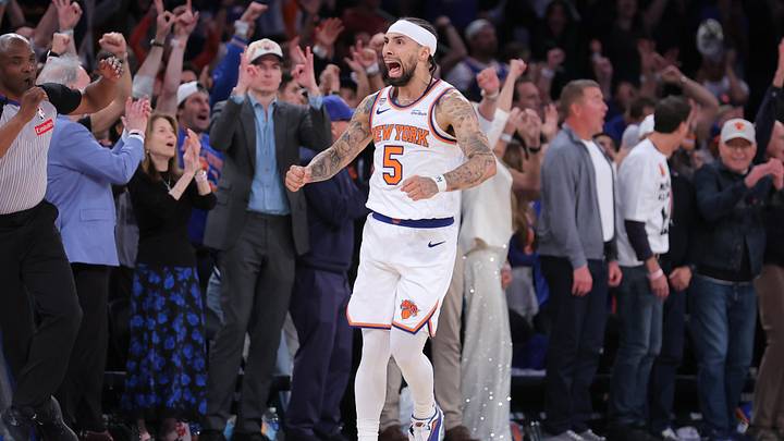 Jun 10, 2026; New York, New York, USA; New York Knicks guard Jose Alvarado (5) reacts in the fourth quarter against the San Antonio Spurs during game four of the 2026 NBA Finals at Madison Square Garden. Mandatory Credit: Brad Penner-Imagn Images Jun 10, 2026; New York, New York, USA; New York Knicks guard Jose Alvarado (5) reacts in the fourth quarter against the San Antonio Spurs during game four of the 2026 NBA Finals at Madison Square Garden. Mandatory Credit: Brad Penner-Imagn Images